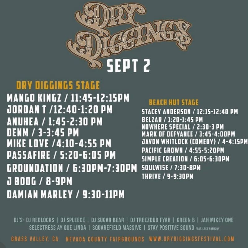 Poster: Dry Diggings Festival lineup — Mango Kingz opening the main stage
